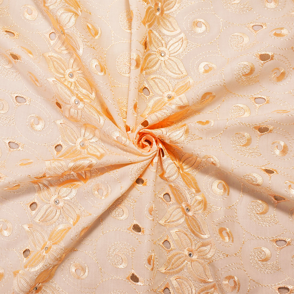 Beige Poly-Cotton Embroidered Floral Scallop Rhinestone Woven Fabric