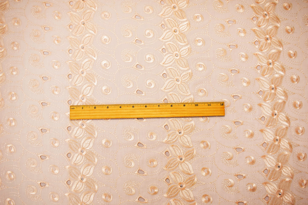 Beige Poly-Cotton Embroidered Floral Scallop Rhinestone Woven Fabric