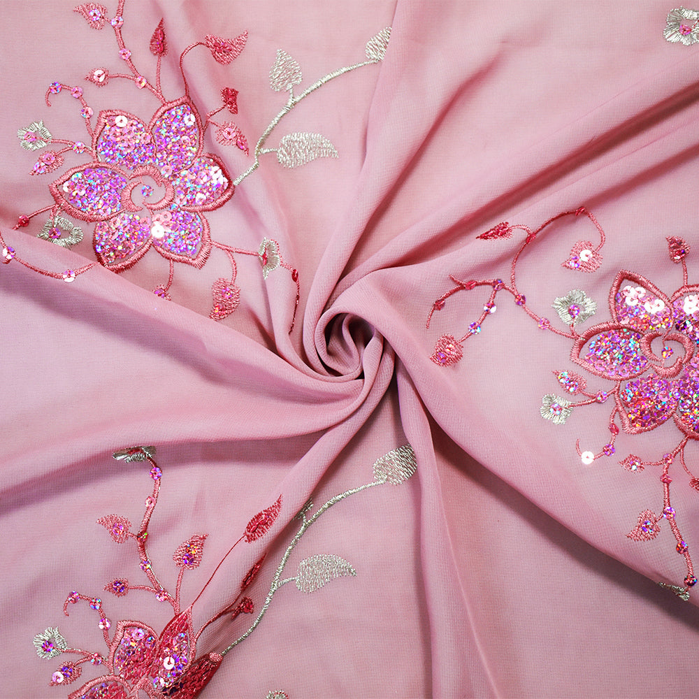 Mauve Pink-Silver Polyester Embroidered Floral Sequin Scallop Chiffon Woven Fabric