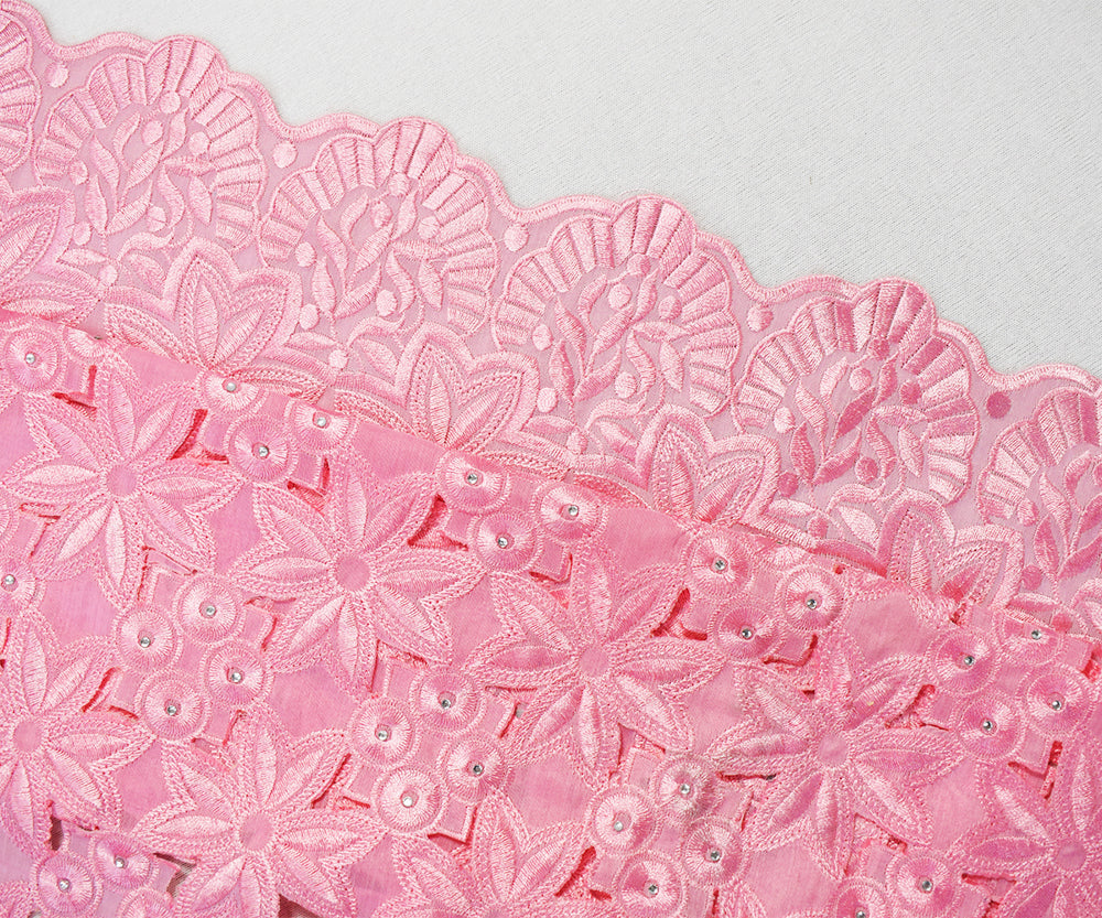 Pastel Pink Polyester Floral Circle Scalloped Rhinestone Woven Fabric