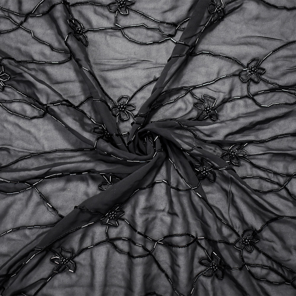 Black Polyester Beaded Floral Vine Embroidered Scallop Chiffon Woven Fabric