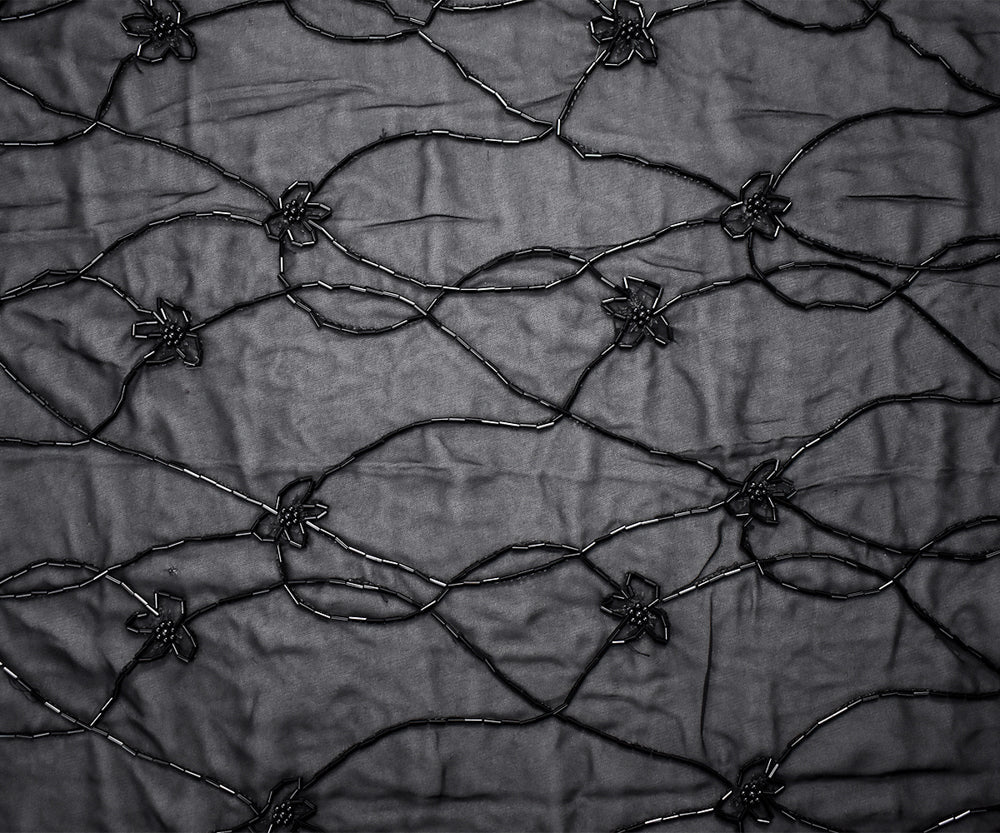 Black Polyester Beaded Floral Vine Embroidered Scallop Chiffon Woven Fabric