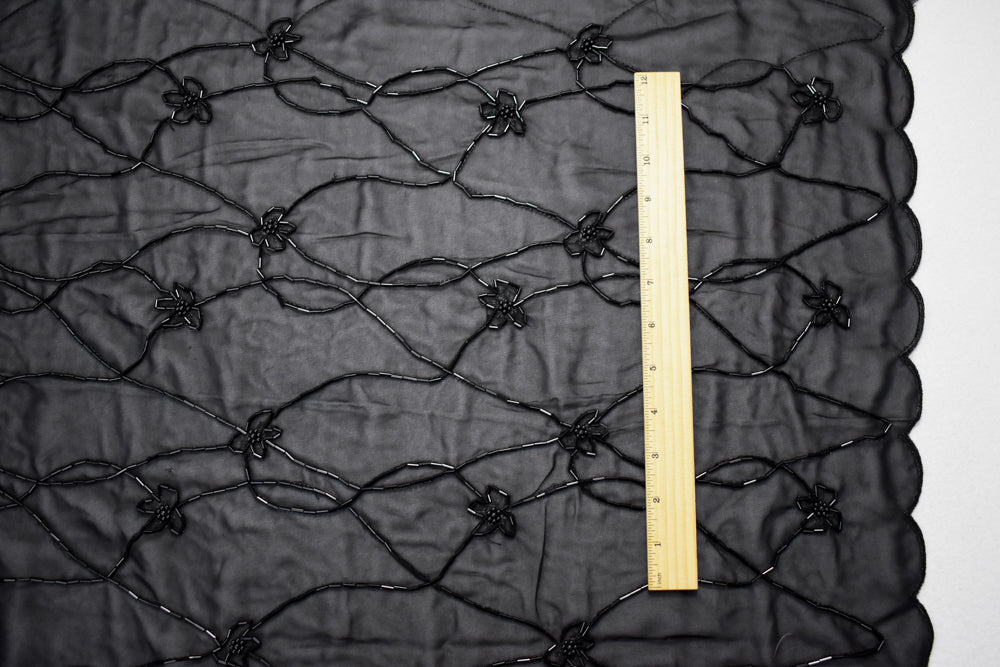 Black Polyester Beaded Floral Vine Embroidered Scallop Chiffon Woven Fabric