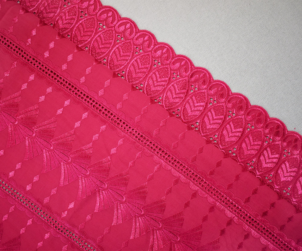 Pink Polyester Embroidered Fan Eyelet Scallop Woven Fabric