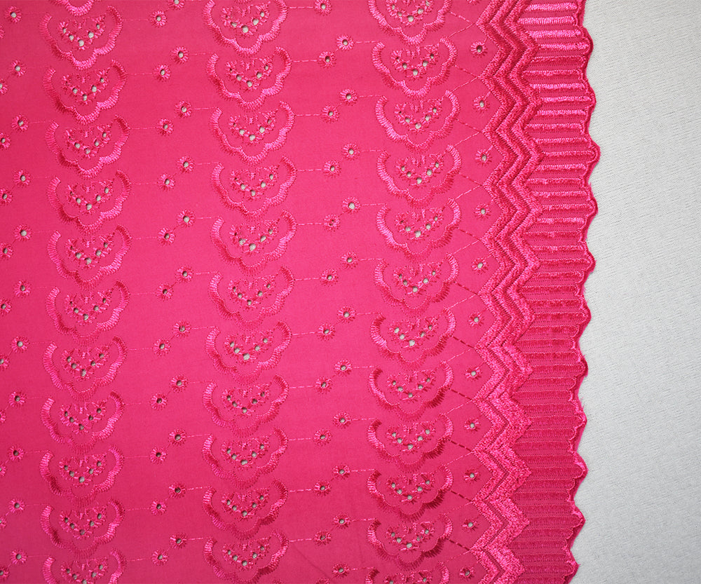 Pink Poly-Cotton Embroidered Abstract Geometric Eyelet Scallop Woven Fabric