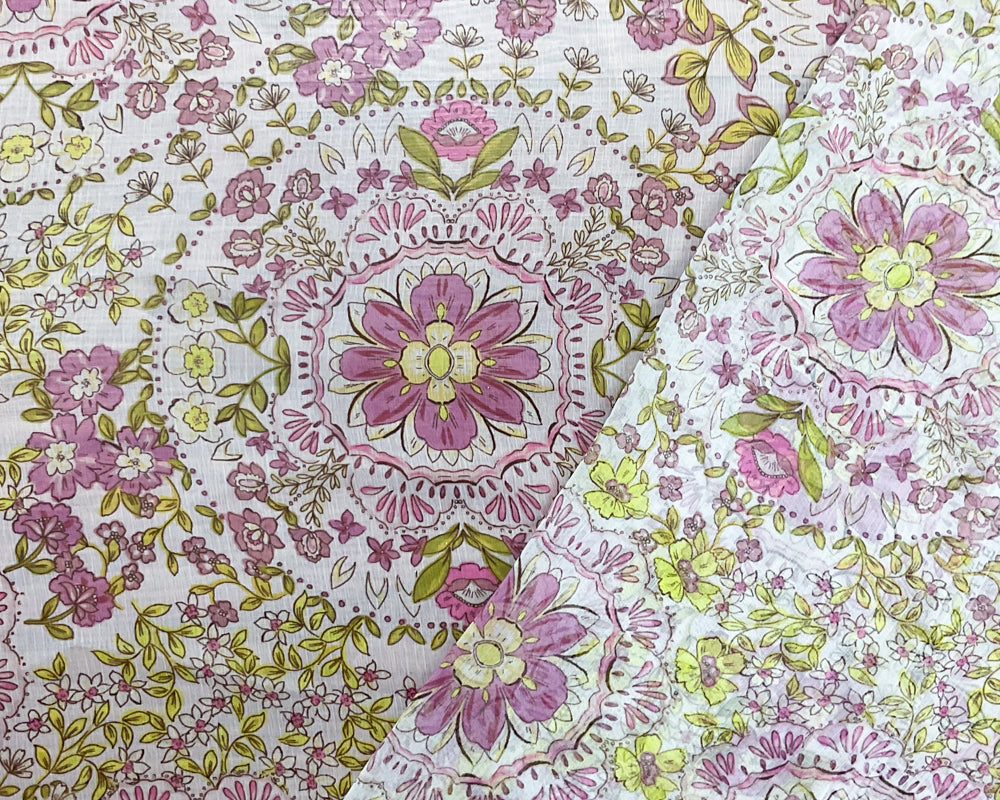 Pink-Yellow-Multi Poly Floral Printed Crinkle Yoryu Chiffon Woven Fabric