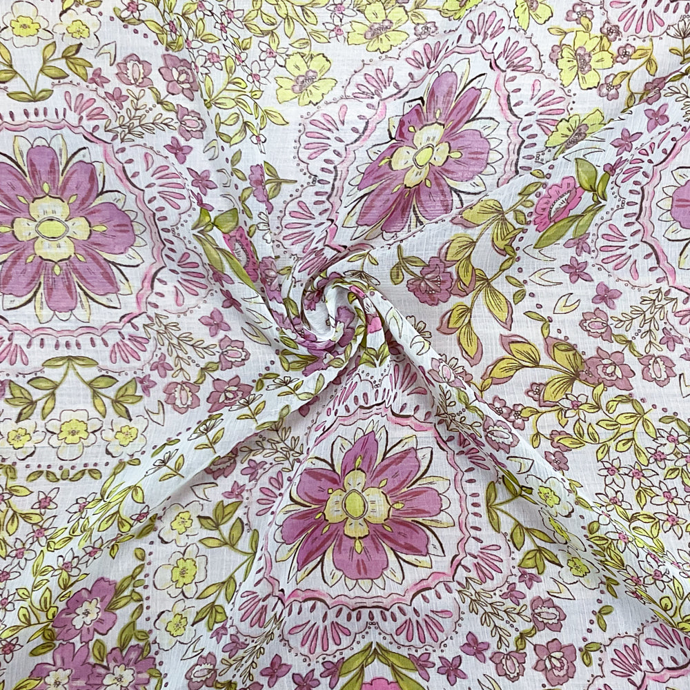 Pink-Yellow-Multi Poly Floral Printed Crinkle Yoryu Chiffon Woven Fabric