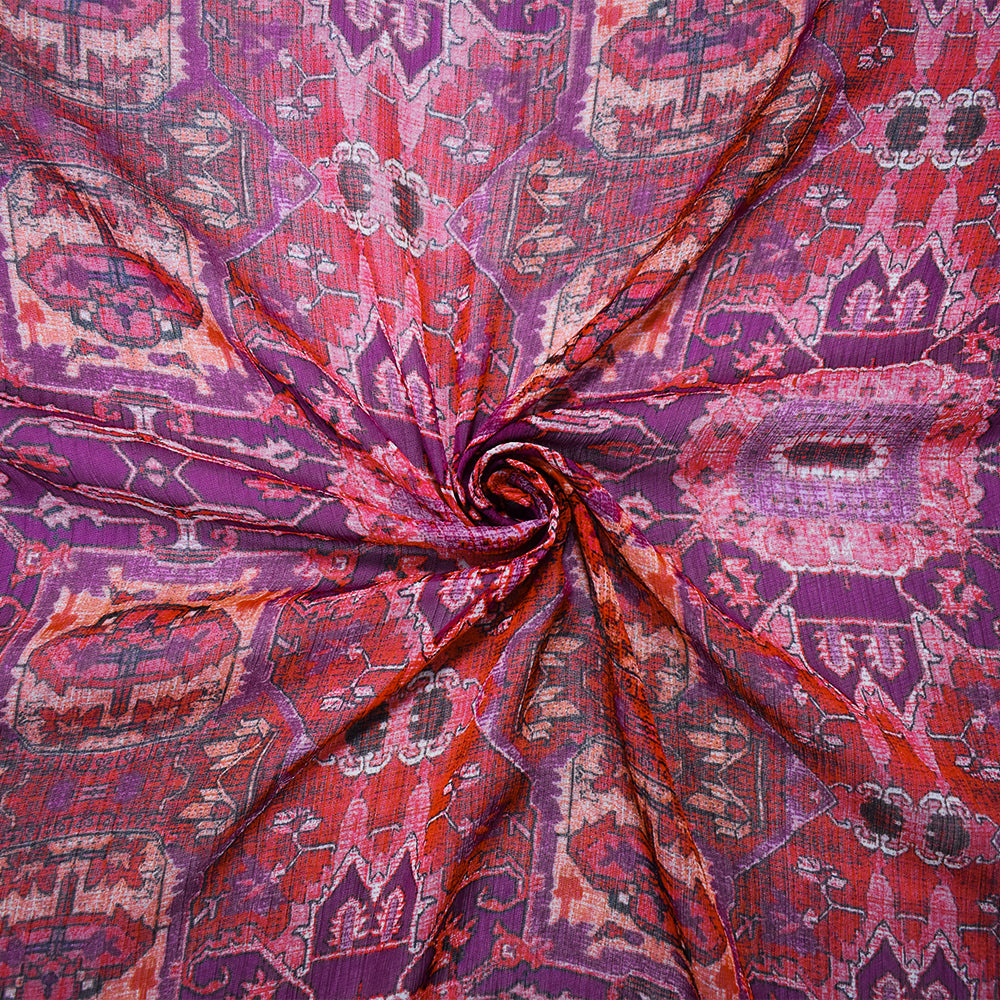 Purple-Red-Multi Poly Aztec Printed Crinkle Yoryu Chiffon Woven Fabric