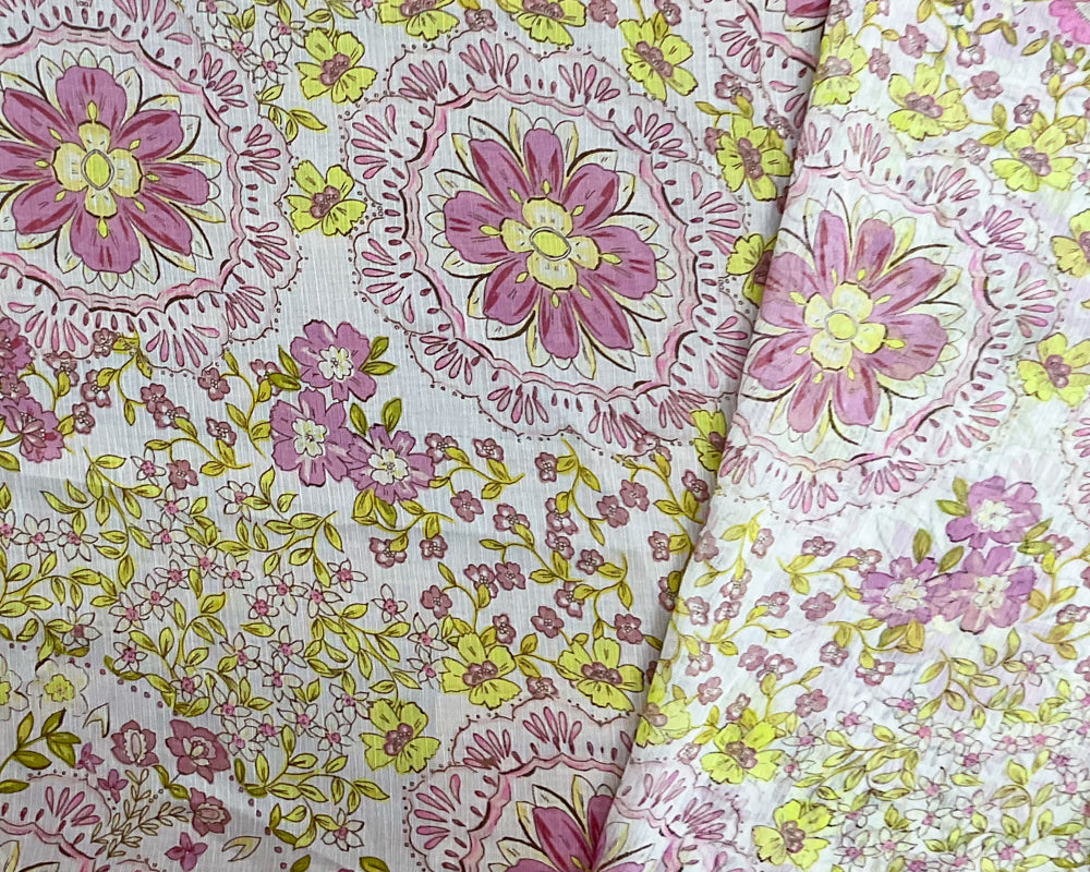Ivory-Green-Multi Poly Floral Printed Crinkle Yoryu Chiffon Woven Fabric