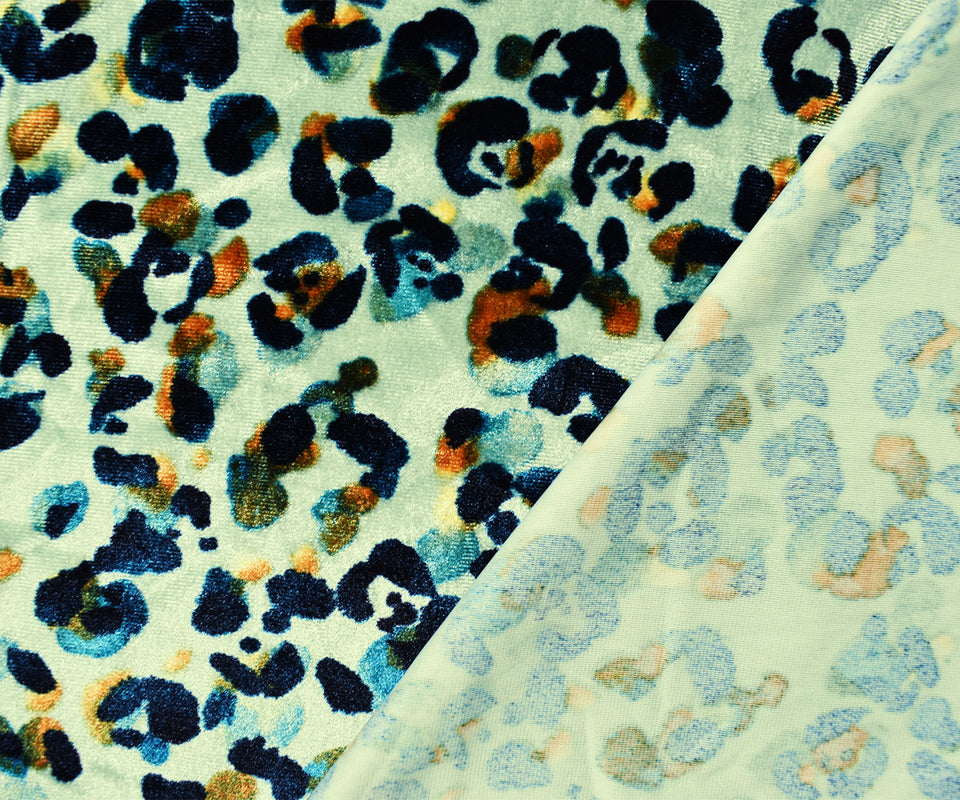 Green-Multi Poly Abstract Leopard Printed Velvet Knit Fabric