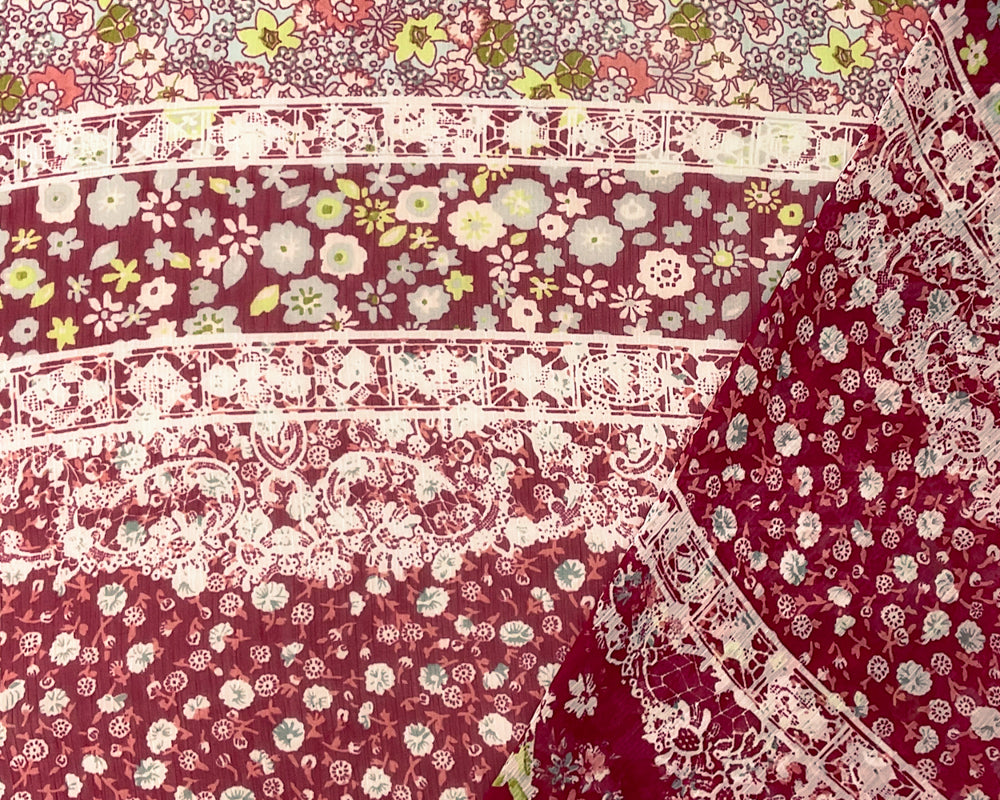 Red-Multi Poly Stripe Floral Print Yoryu Chiffon Woven Fabric