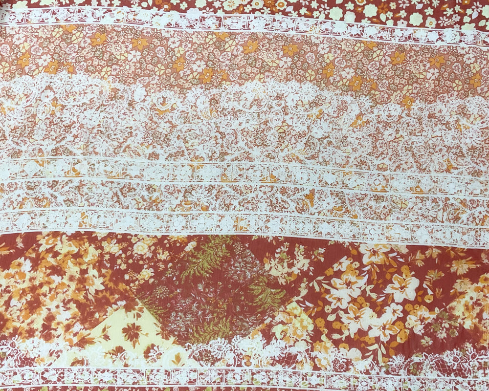 Red-Multi Poly Floral Printed Crinkle Yoryu Chiffon Woven Fabric