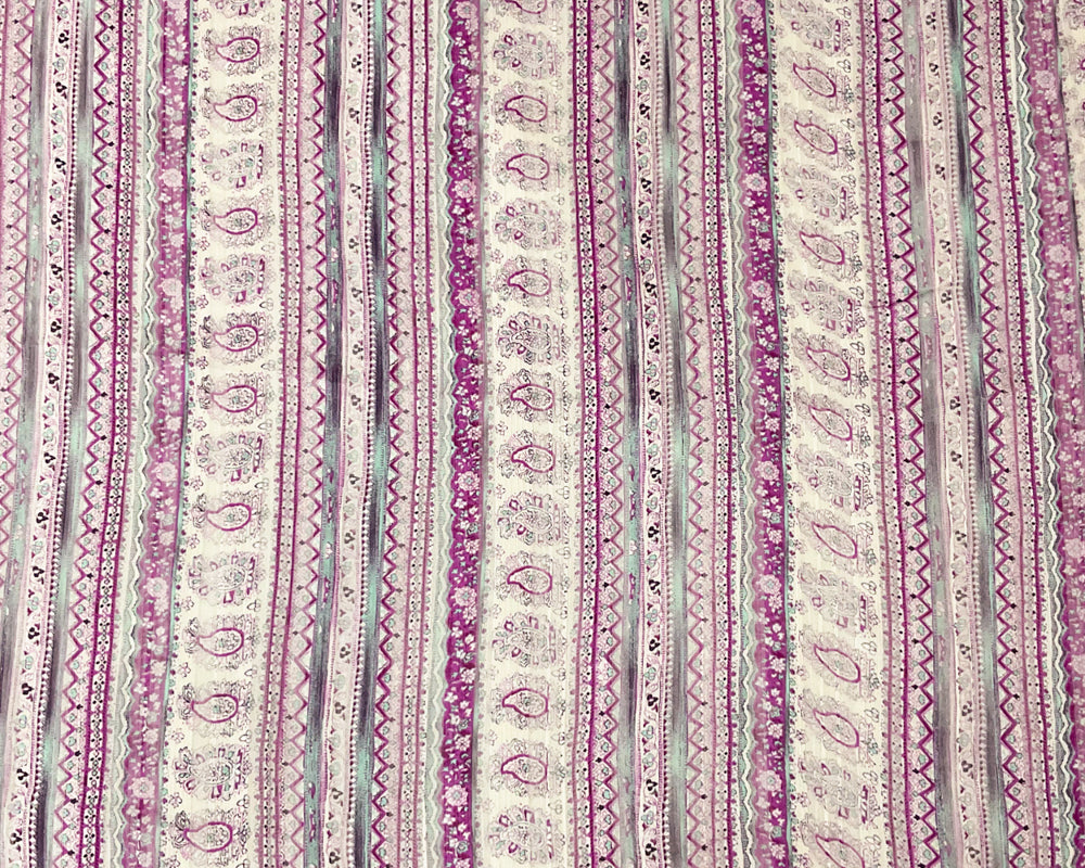 Purple-Multi Paisley Printed Satin Stripe Chiffon Woven Fabric