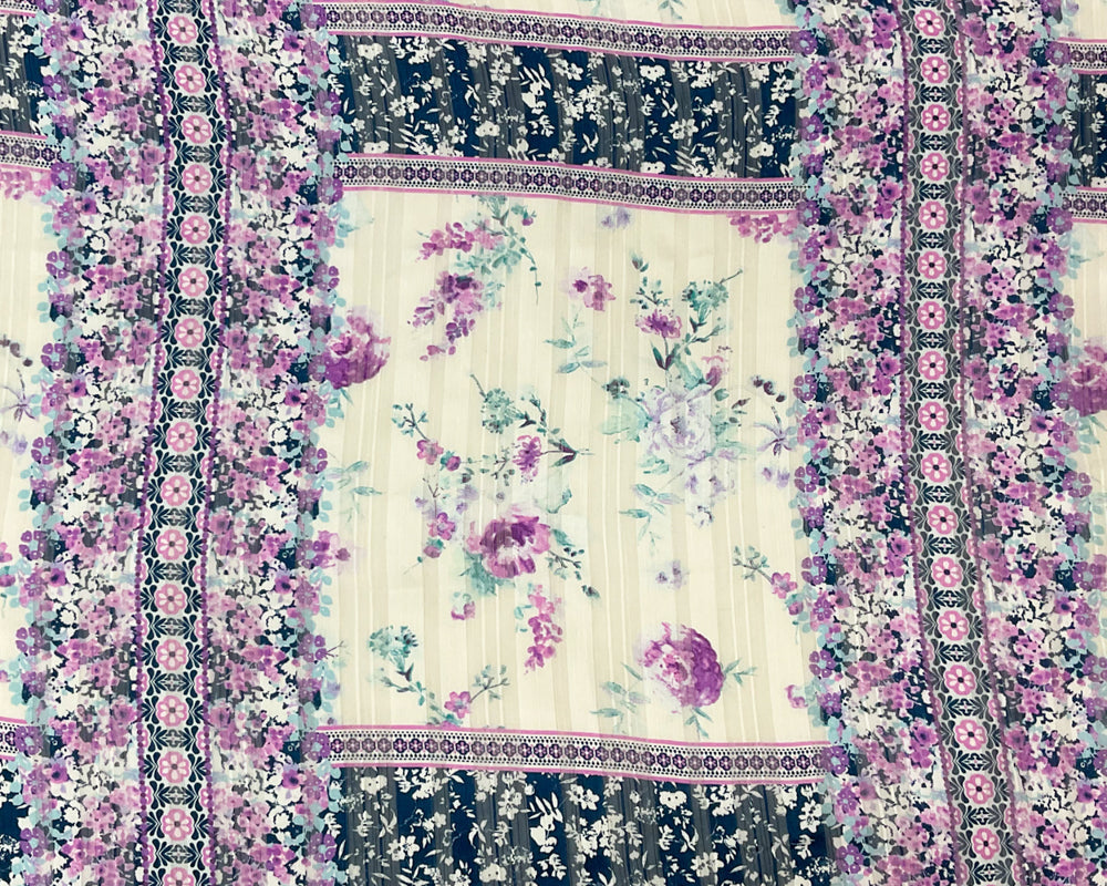 Blue-Multi Poly Floral Printed Satin Stripe Chiffon Woven Fabric