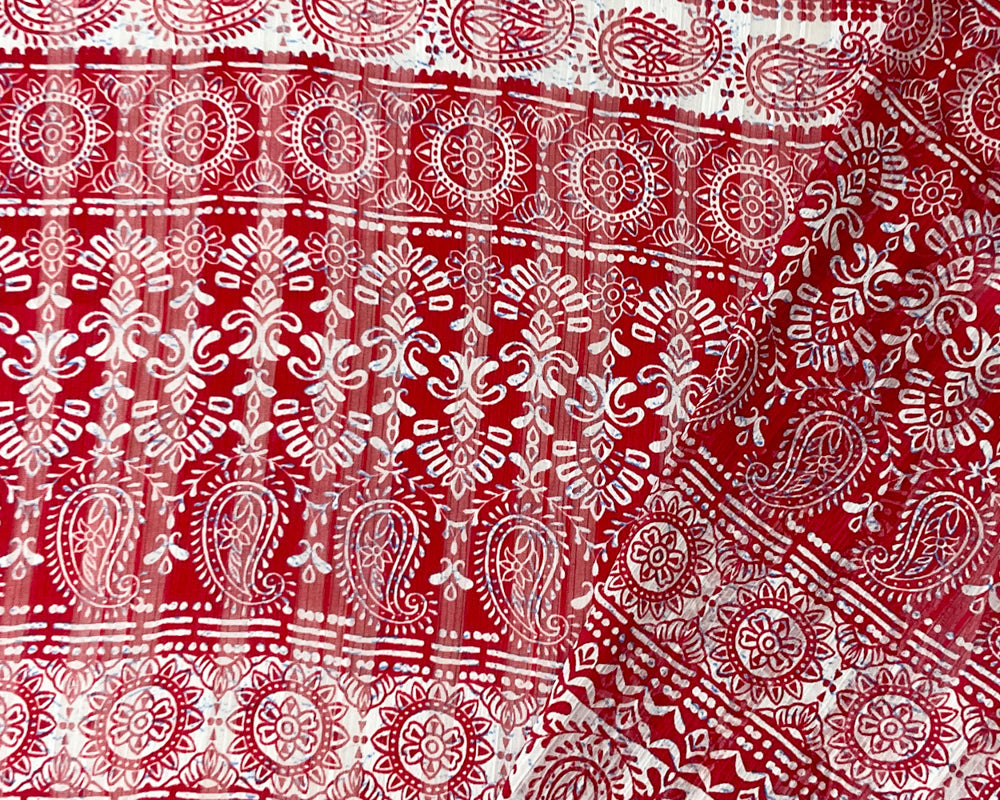 Red-Multi Stripe Paisley Print Satin Stripe Chiffon Woven Fabric