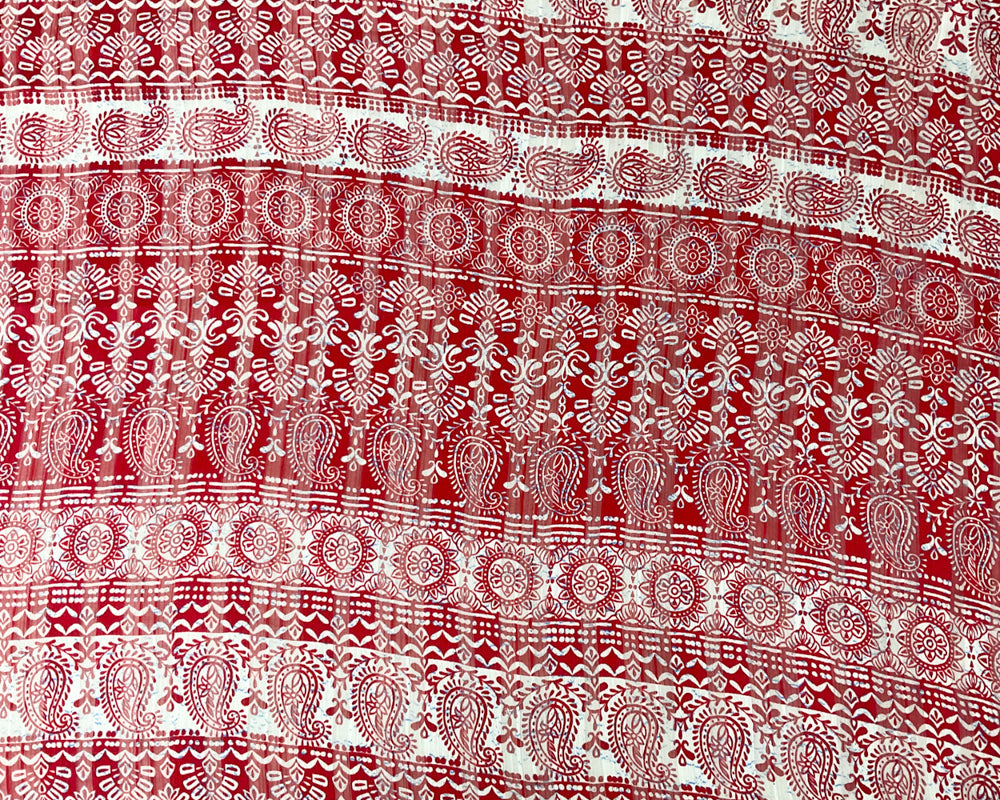 Red-Multi Stripe Paisley Print Satin Stripe Chiffon Woven Fabric