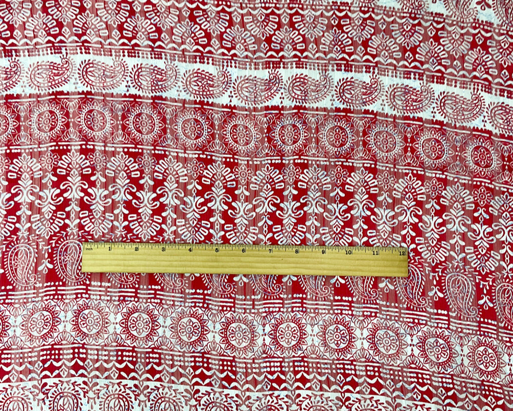 Red-Multi Stripe Paisley Print Satin Stripe Chiffon Woven Fabric