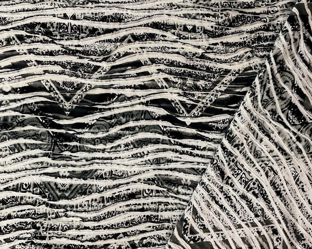 Black-White-Multi Poly TieDye Chevron Print Knife Pleat Knit Fabric