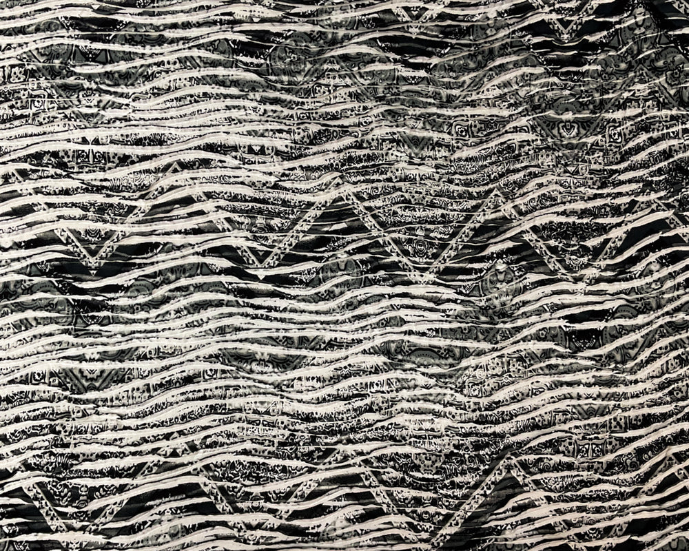 Black-White-Multi Poly TieDye Chevron Print Knife Pleat Knit Fabric