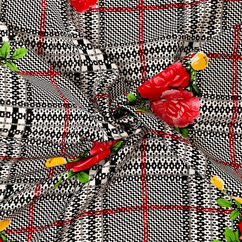 Black-Red-Multi Rayon Floral Plaid Printed Challis Woven Fabric