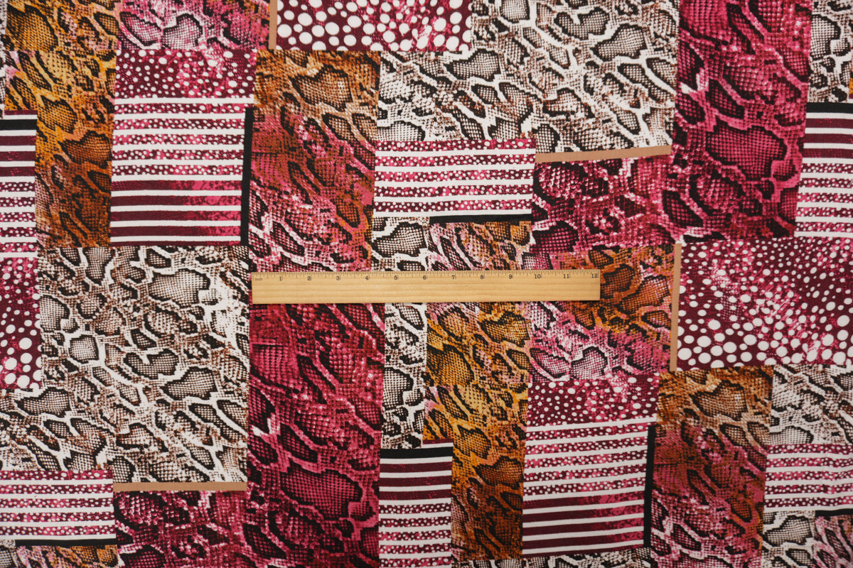 Red-Brown-Multi Rayon Reptile Printed Challis Woven Fabric
