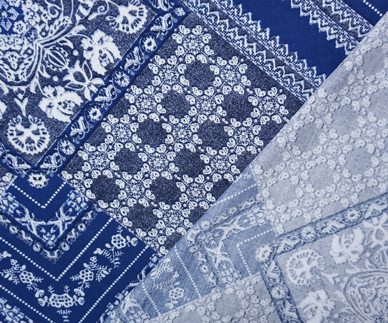 Blue-White Rayon Floral Bandana Printed Challis Woven Fabric