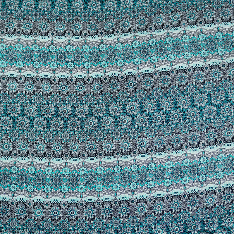 Blue-Teal-White Rayon Floral Moroccan Printed Challis Woven Fabric
