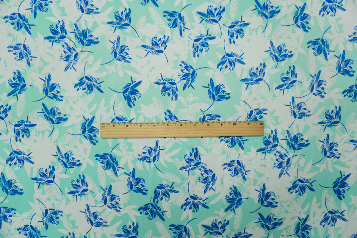 Teal-White-White Rayon Floral Printed Voile Woven Fabric