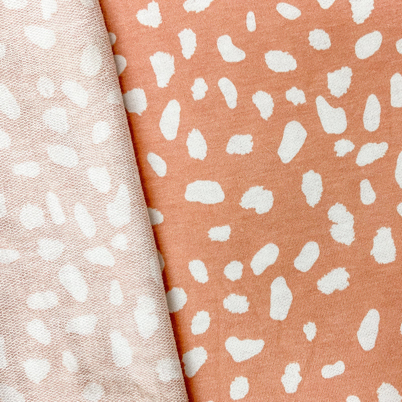 Apricot-White Poly Rayon Stretch Spots French Terry Knit Fabric