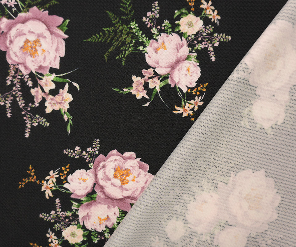 Black-Purple-Multi Poly Stretch Floral Bullet Double Knit Fabric