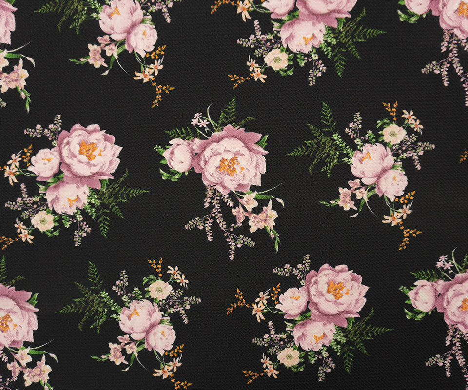 Black-Purple-Multi Poly Stretch Floral Bullet Double Knit Fabric