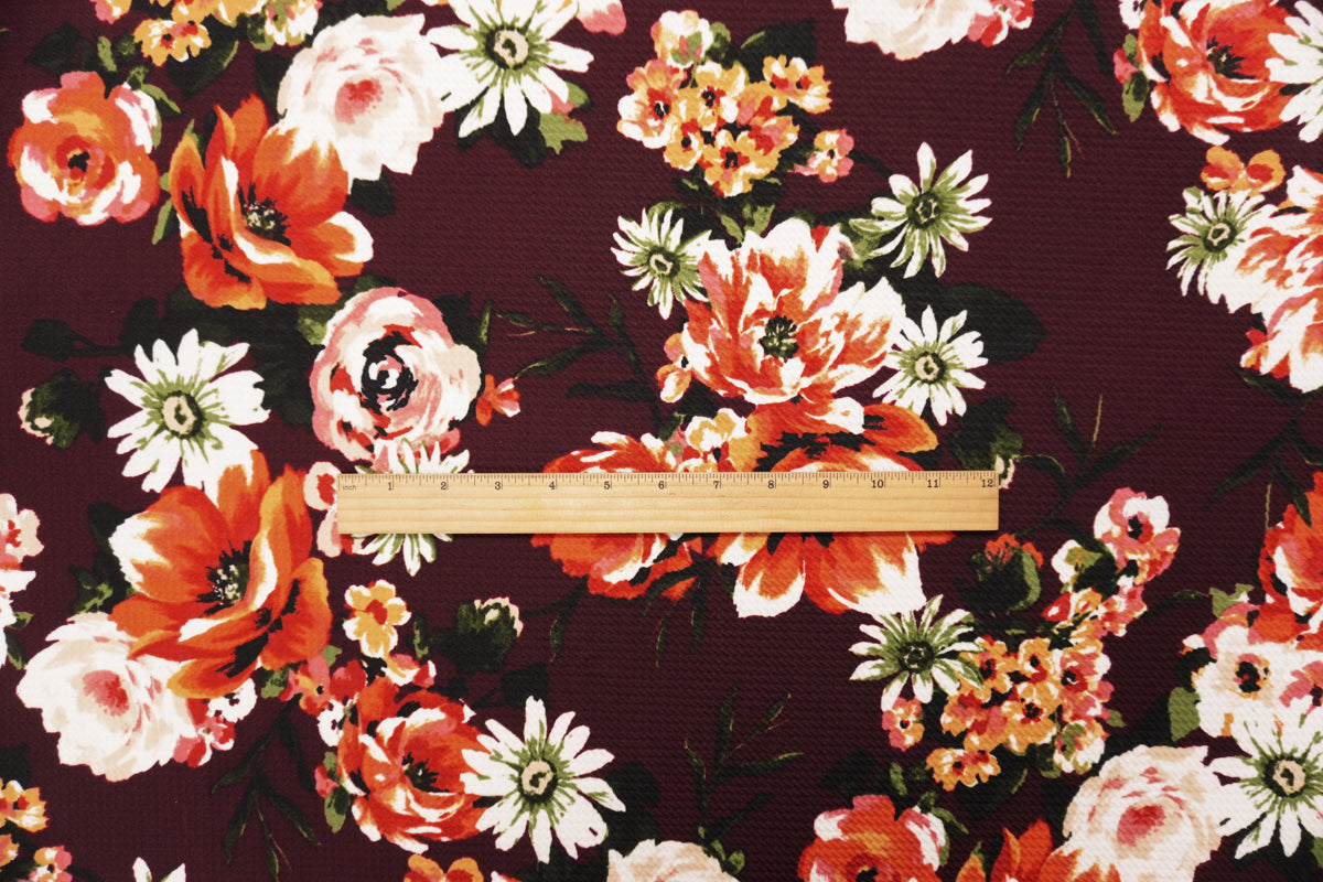 Deep Red-Multi Poly Stretch Floral Bullet Double Knit Fabric