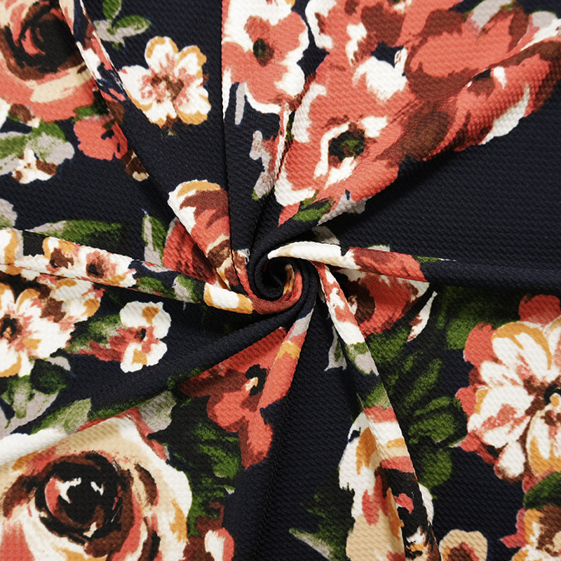 Deep Navy-Multi Poly Stretch Floral Bullet Double Knit Fabric