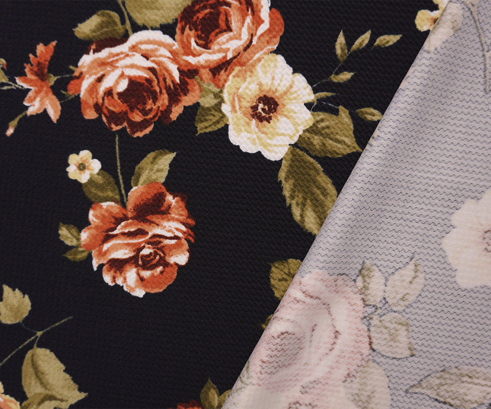 Black-Orange-Multi Poly Stretch Floral Bullet Double Knit Fabric