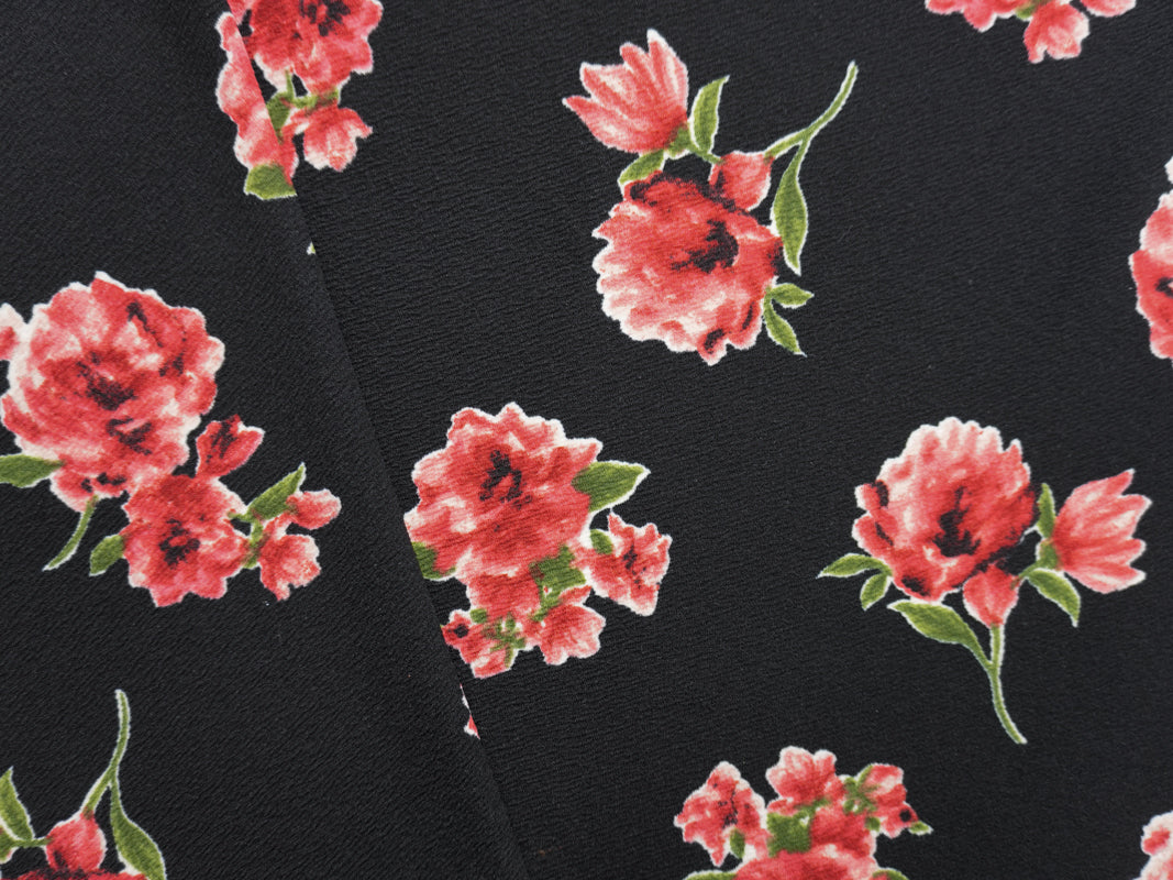 Black-Red-Multi Poly Stretch Floral Liverpool Double Knit Fabric