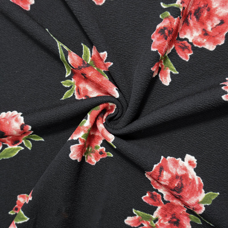 Black-Red-Multi Poly Stretch Floral Liverpool Double Knit Fabric