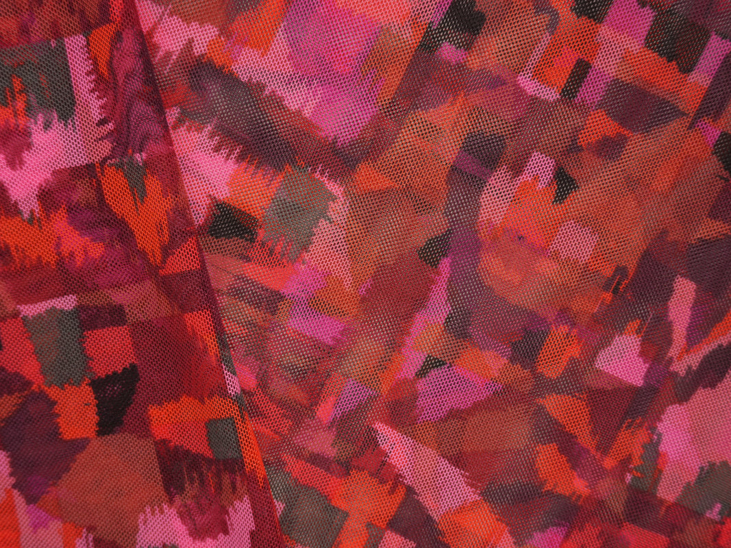 Red-Multi Poly Abstract Printed Net Mesh Knit Fabric