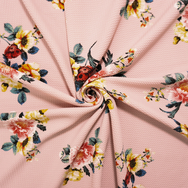 Pink-Yellow-Multi Poly Stretch Floral Bullet Double Knit Fabric