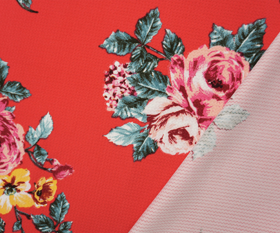 Red-Pink-Multi Poly Stretch Floral Bullet Double Knit Fabric