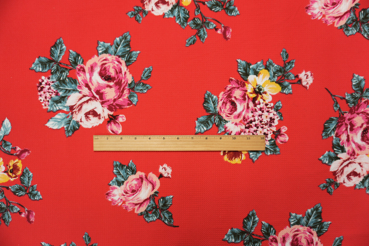 Red-Pink-Multi Poly Stretch Floral Bullet Double Knit Fabric
