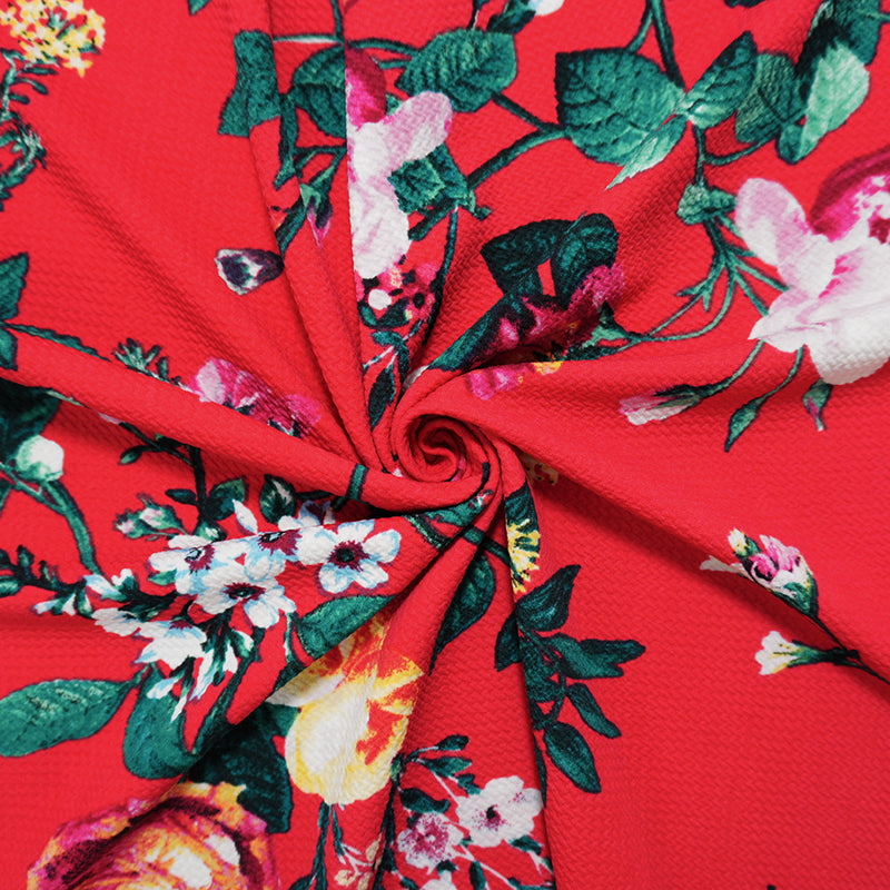 Red-Green-Multi Poly Stretch Floral Bullet Double Knit Fabric