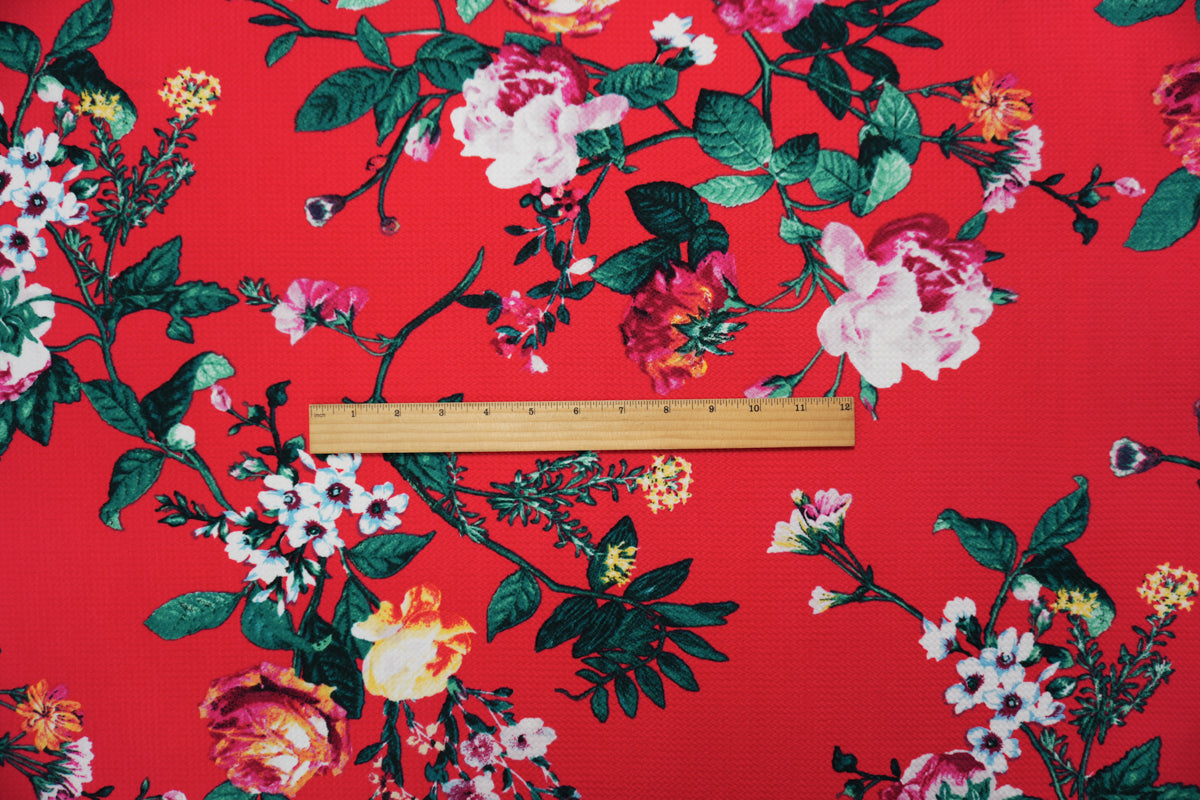 Red-Green-Multi Poly Stretch Floral Bullet Double Knit Fabric