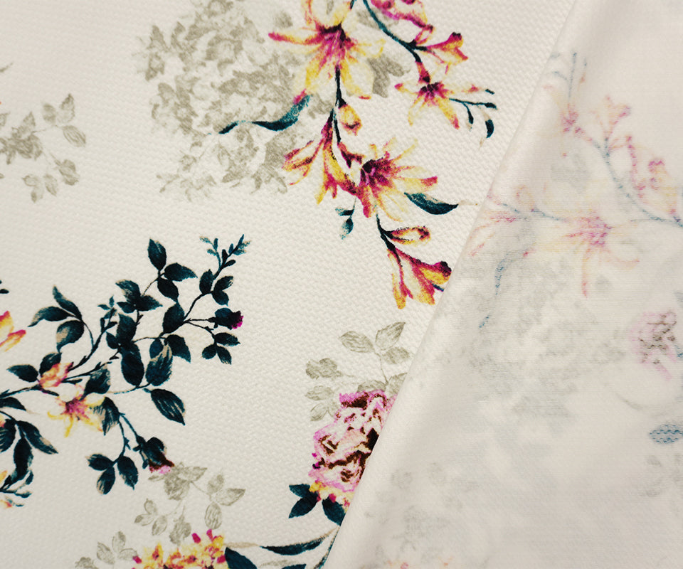 White-Yellow-Multi Poly Stretch Floral Bullet Double Knit Fabric
