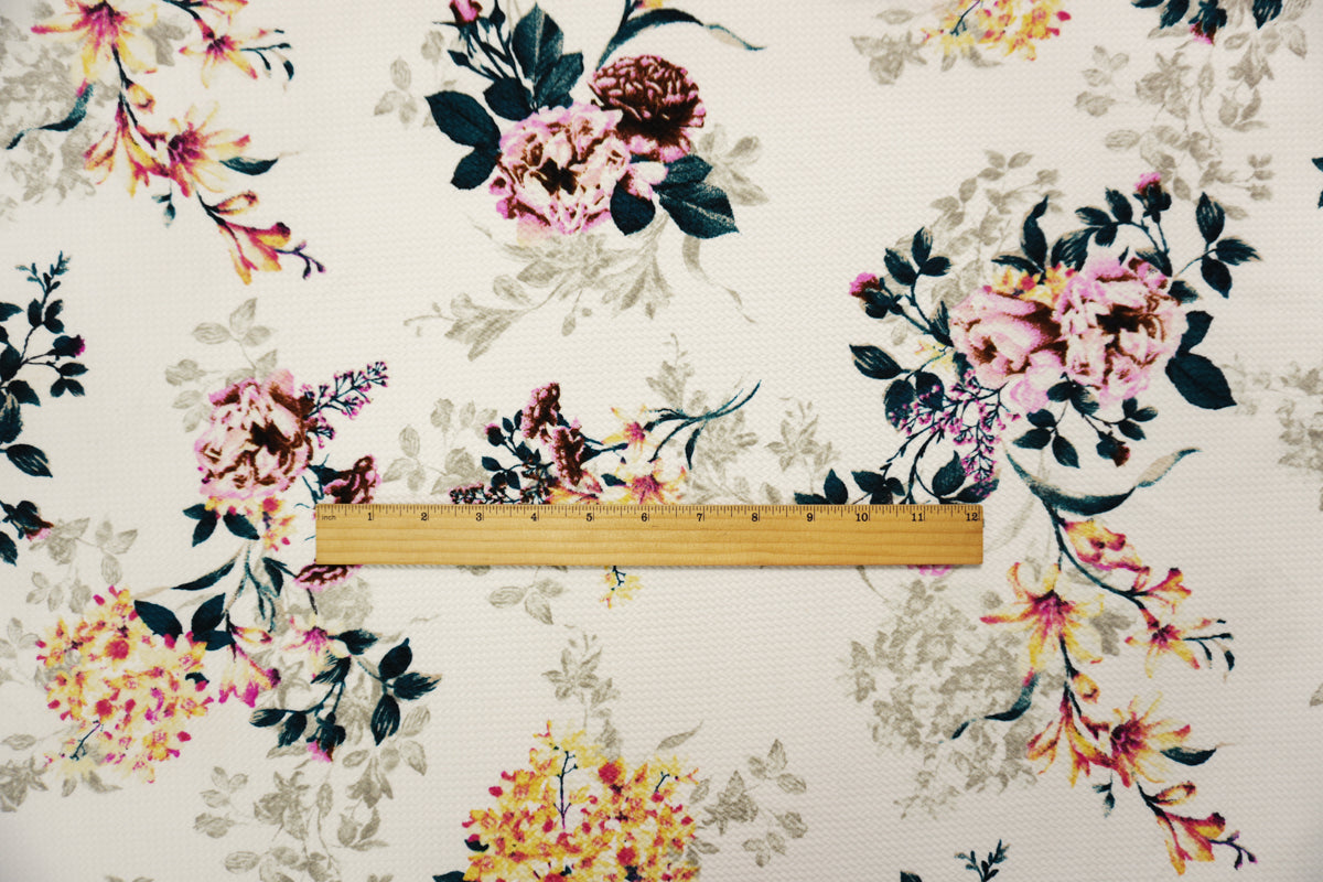 White-Yellow-Multi Poly Stretch Floral Bullet Double Knit Fabric