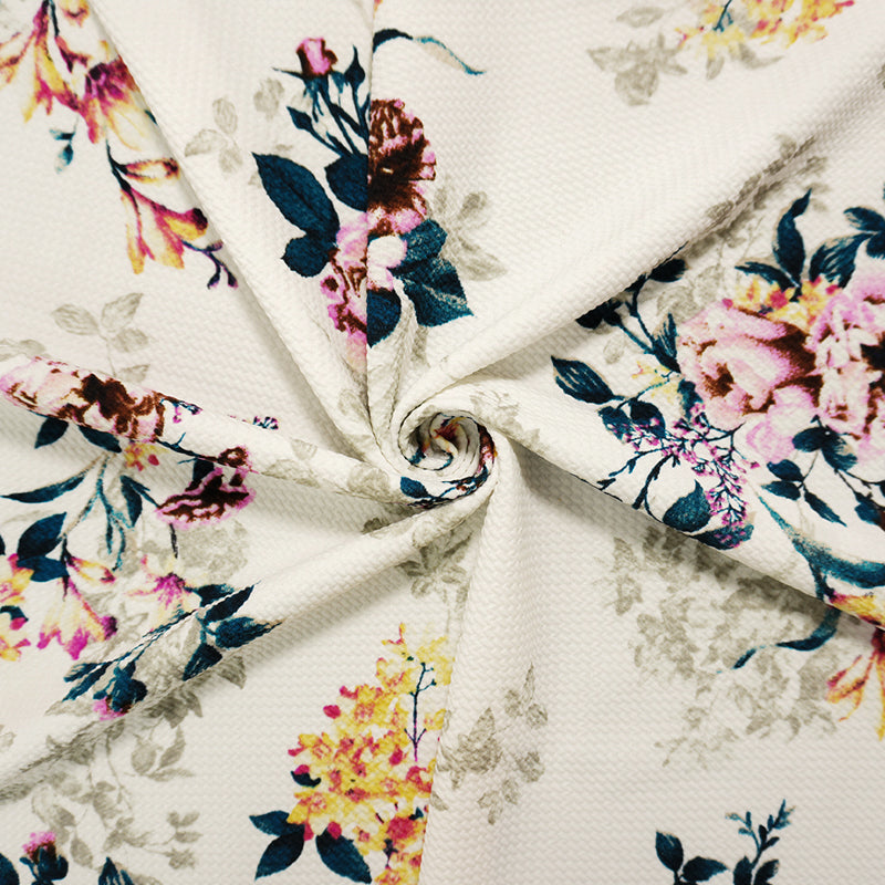White-Yellow-Multi Poly Stretch Floral Bullet Double Knit Fabric