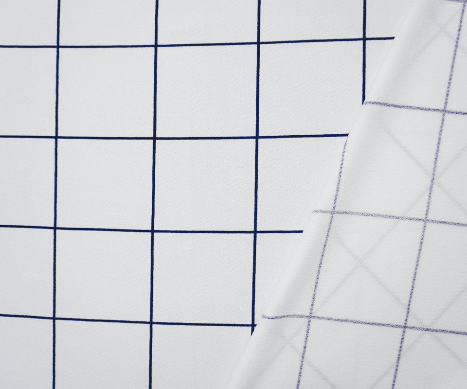 White-Navy Poly Check Printed Liverpool Double Knit Fabric