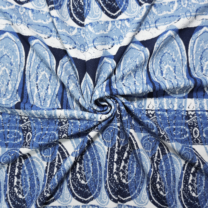 Blue-White Poly Paisley Printed Liverpool Double Knit Fabric