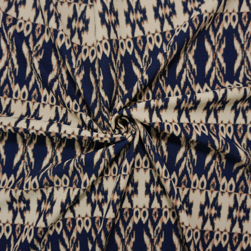 Navy-Multi Poly Ikat Printed Liverpool Double Knit Fabric