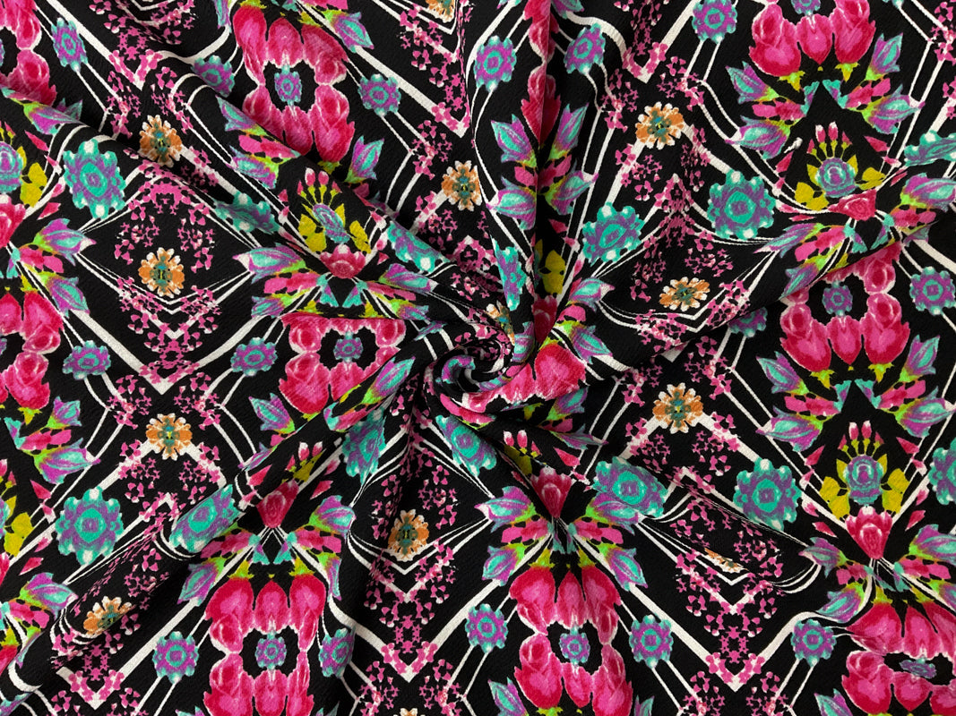 Black-Pink-Multi Poly Floral Print Liverpool Double Knit Fabric