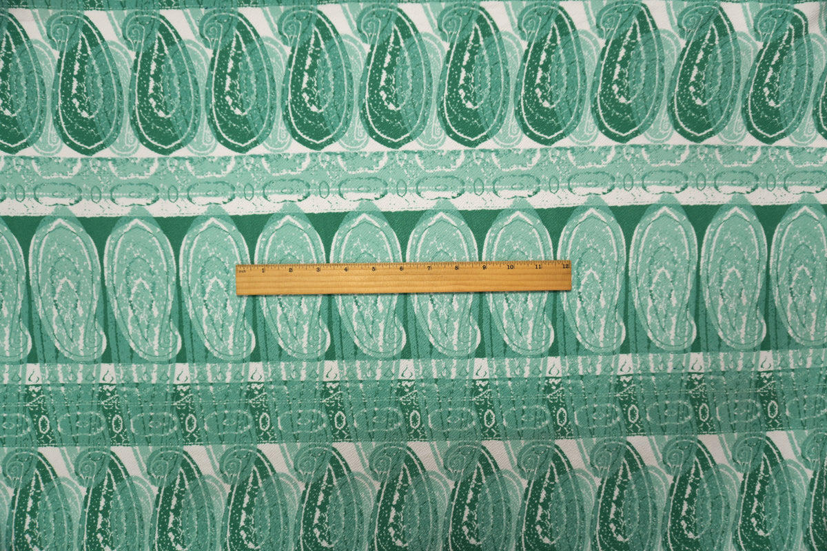 Green-White Poly Paisley Printed Liverpool Double Knit Fabric